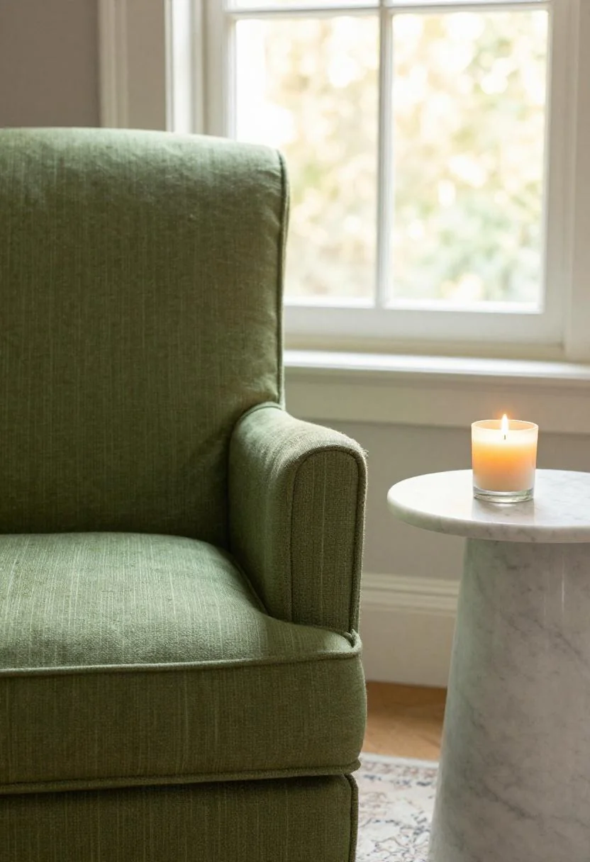 Bold color living room vignette with a wasabi linen chair and slim marble side table