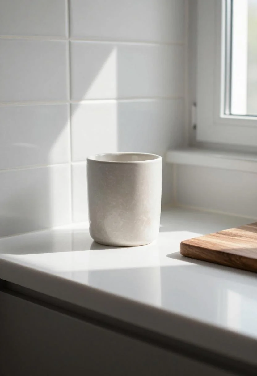 Counter corner with a wasabi ceramic utensil holder and walnut cutting board