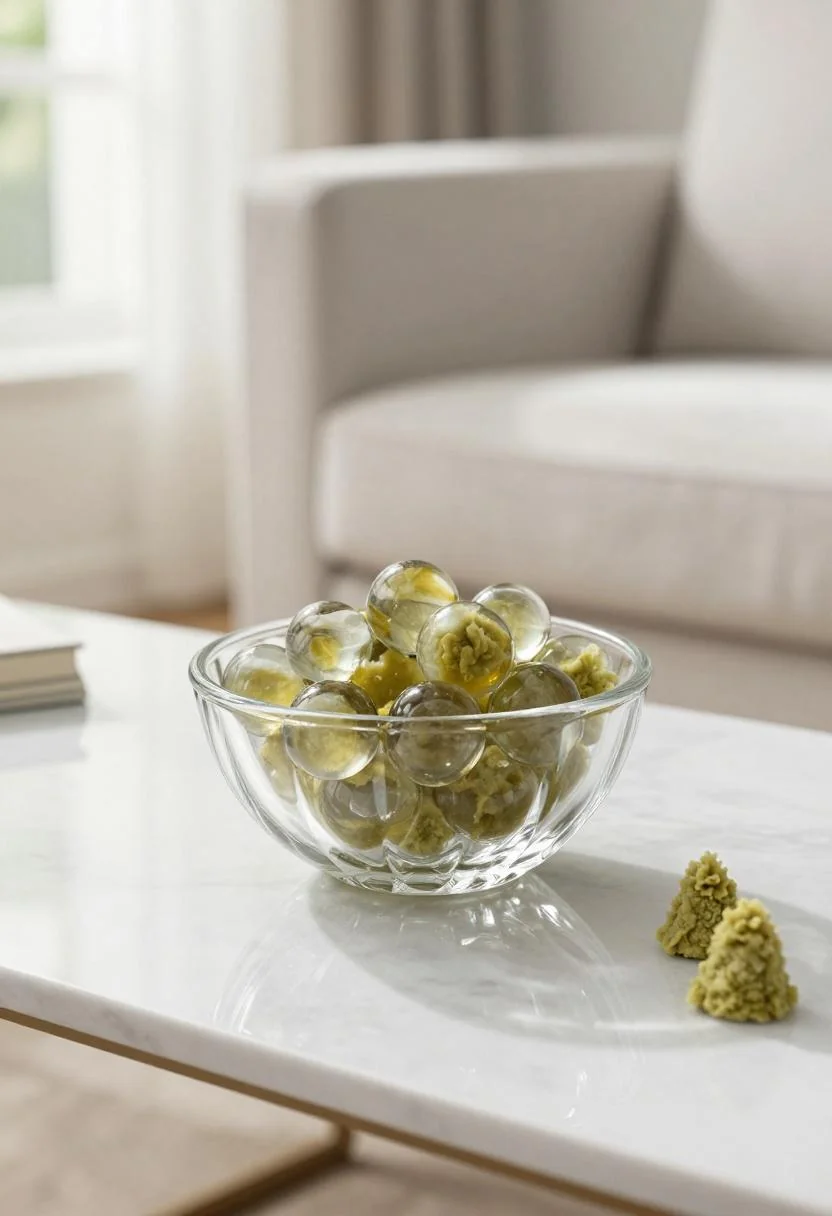 Crystal glass bowl filled with wasabi-tinted orbs displayed on a white marble coffee table