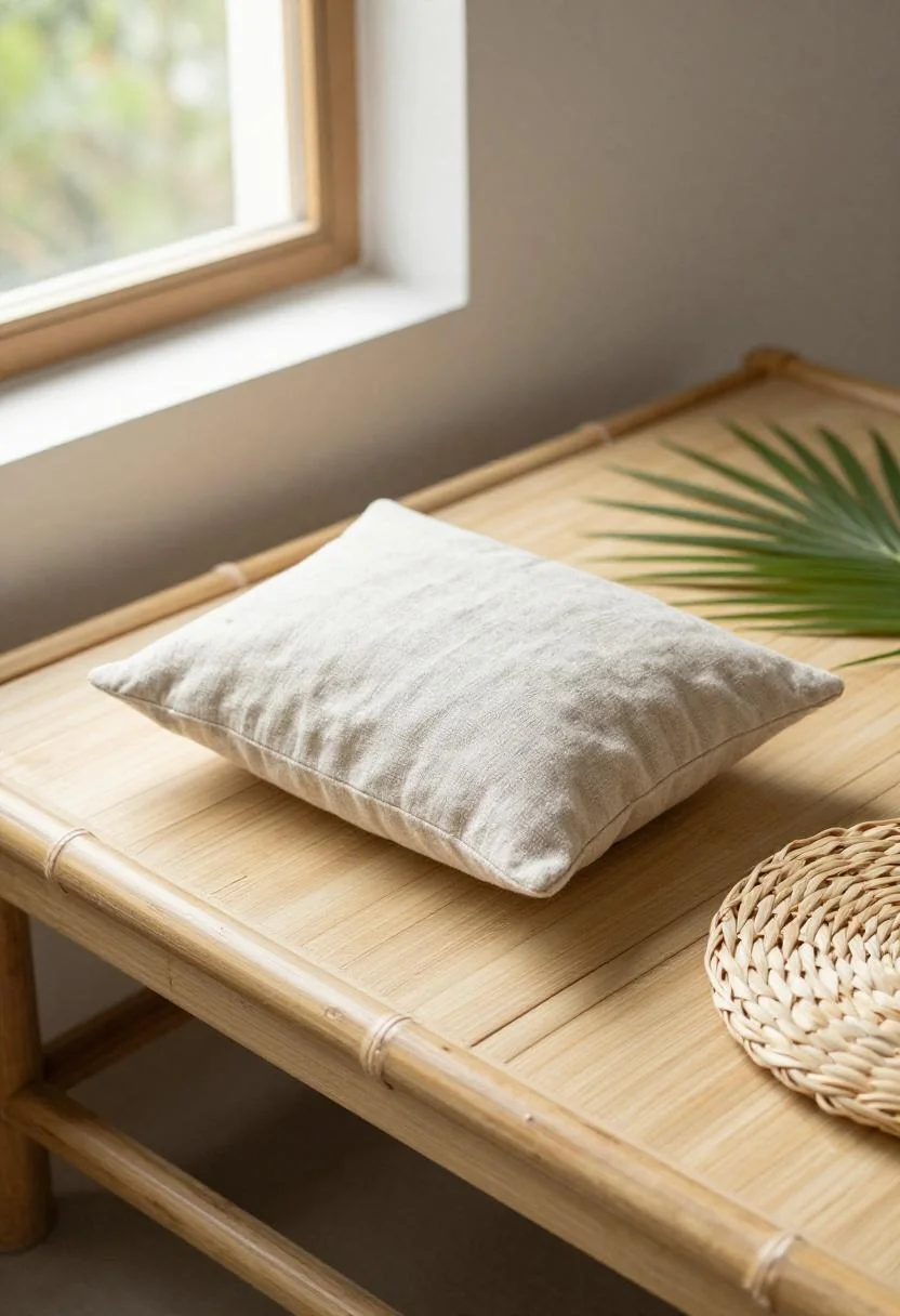 Wasabi linen cushion on a bamboo daybed with a handwoven palm leaf tray in soft afternoon light