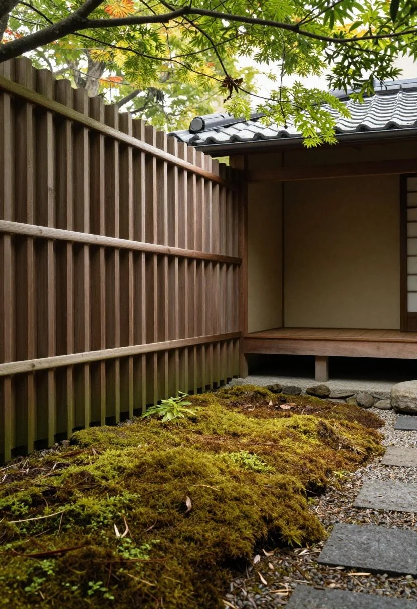 Zen-style cedar trellis against a garden fence with wasabi-toned moss ground cover in midday shade