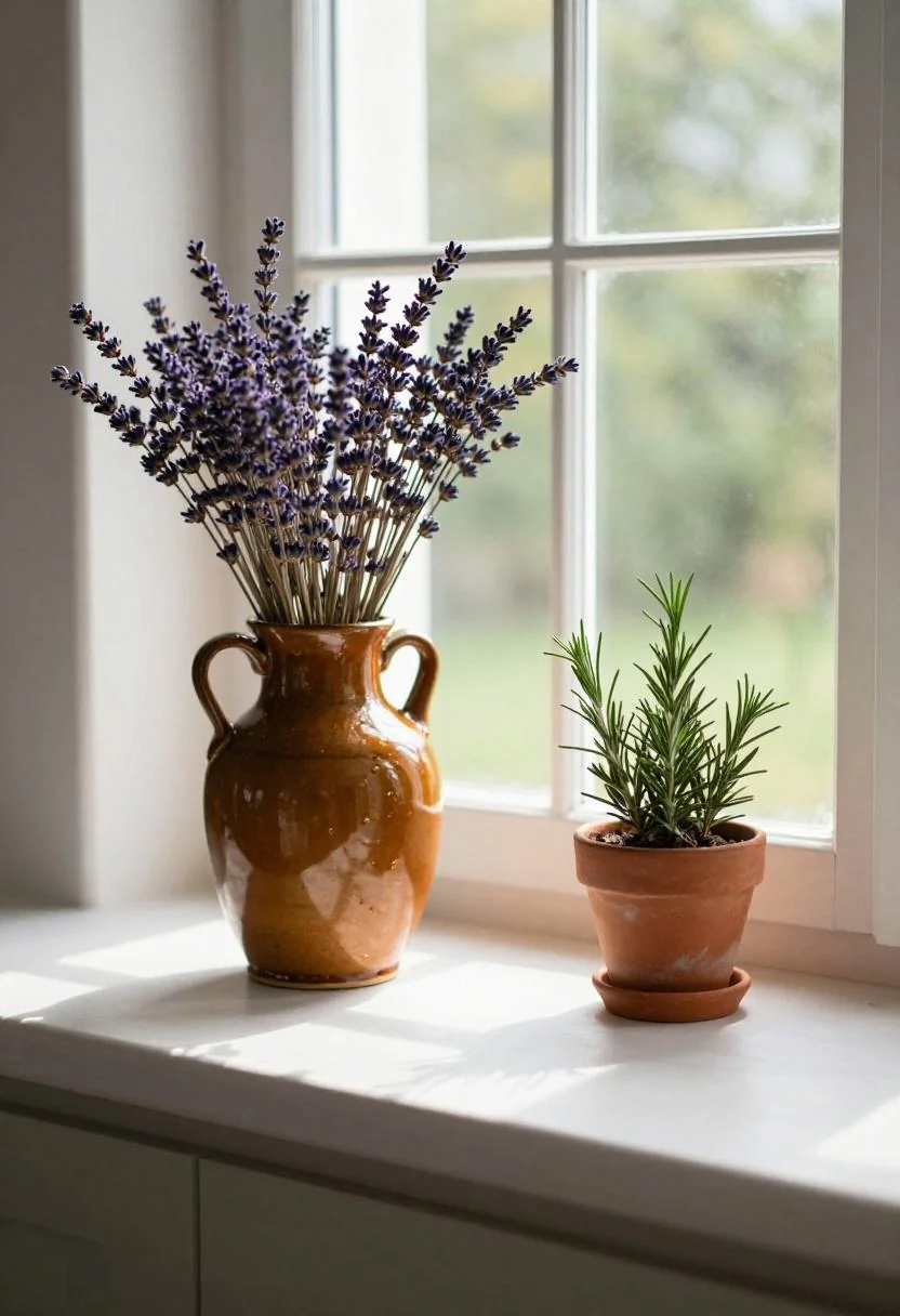 Cottagecore kitchen windowsill with a persimmon ceramic jug and fresh rosemary pot