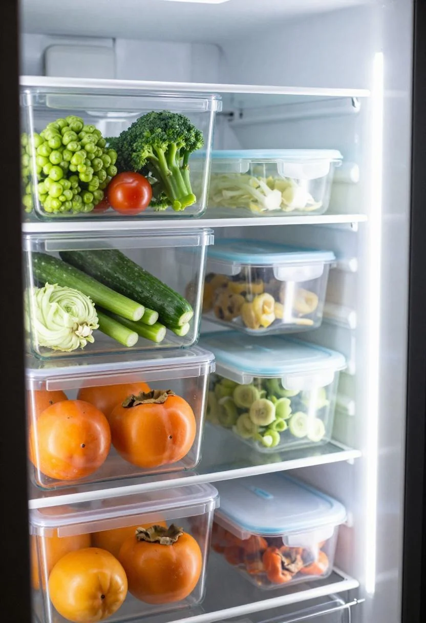 Refrigerator shelf with clear acrylic bins and a persimmon meal prep container