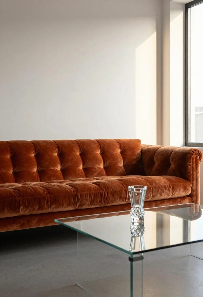 Persimmon silk velvet sofa with a crystal vase on a glass-top coffee table in golden hour light