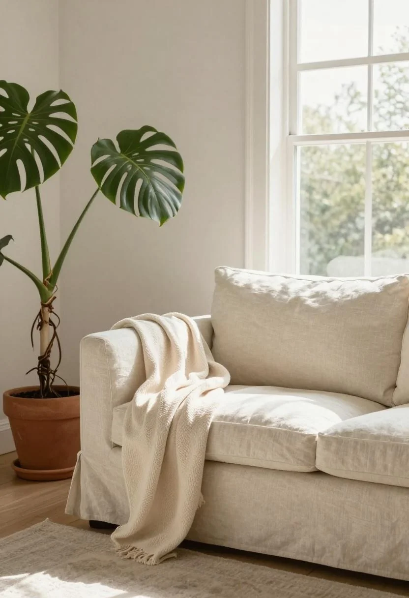 Cream linen sofa with a persimmon throw and monstera plant in a bright tropical living room