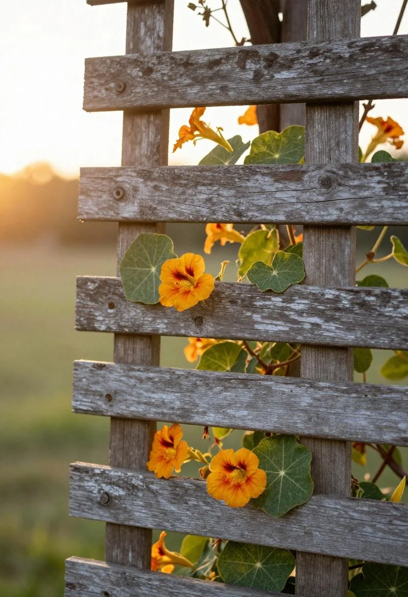 Weathered oak trellis adorned with vivid persimmon nasturtium blooms in warm backlight