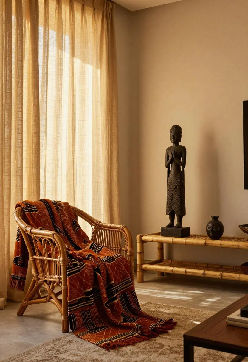 Afrohemian living room with warm terracotta kente textile draped over a rattan armchair