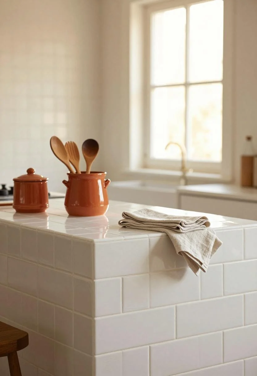 Kitchen counter with a terracotta stoneware utensil crock and folded linen towel