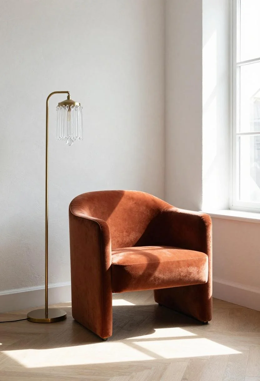 Warm terracotta velvet armchair beside a brass floor lamp finished with a crystal-beaded shade