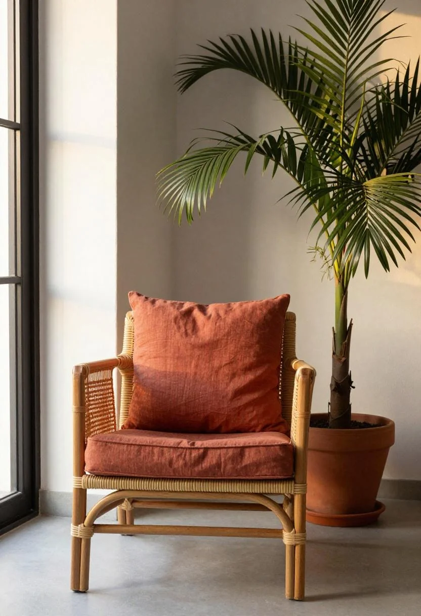 Rattan armchair with a warm terracotta cushion beside a traveler's palm in golden evening light