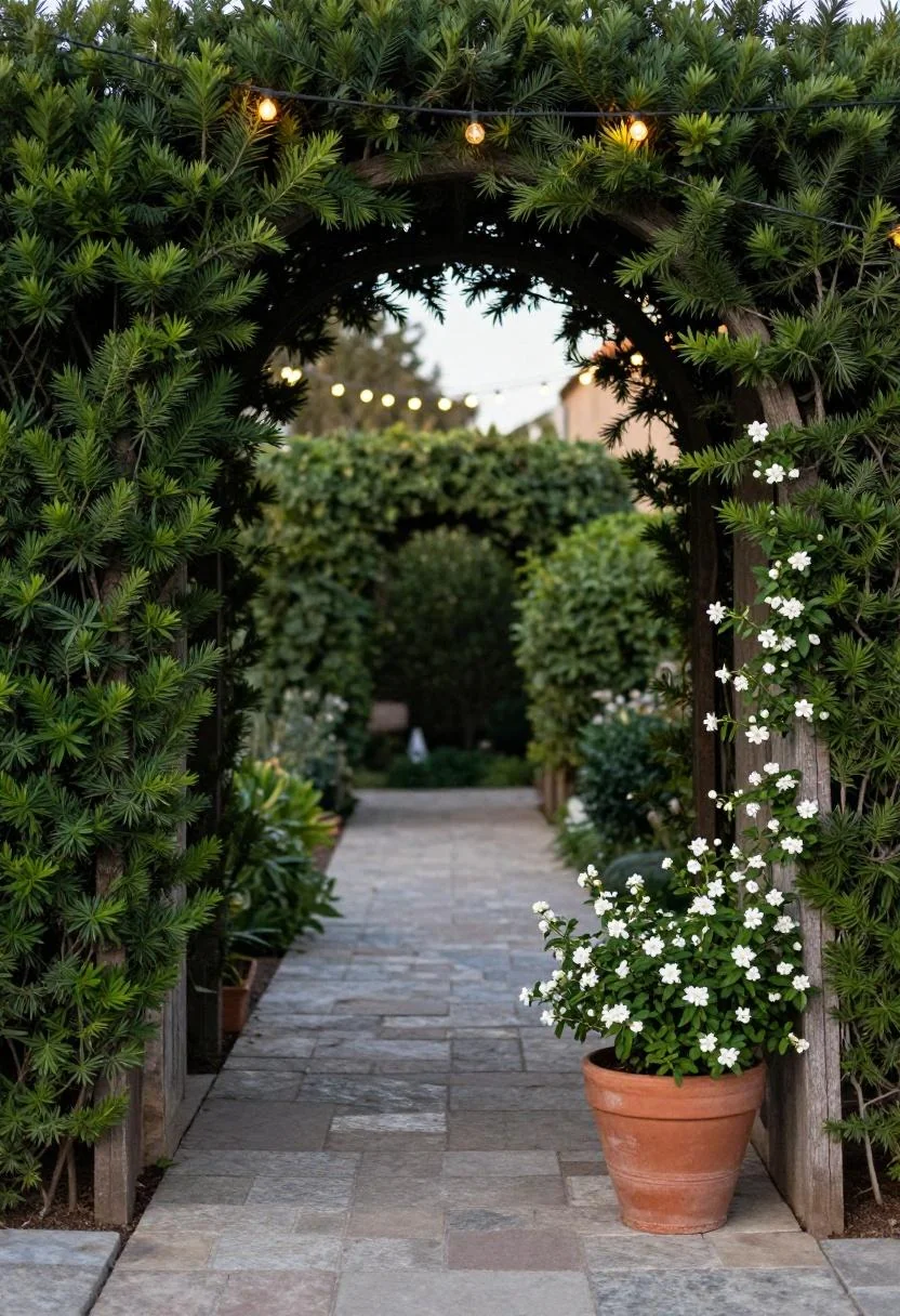 Cedar trellis arch over a stone garden path with a warm terracotta jasmine pot glowing at dusk