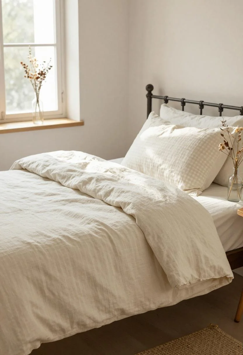 Cottagecore bedroom with cream white gingham duvet and dried wildflowers on a pine nightstand