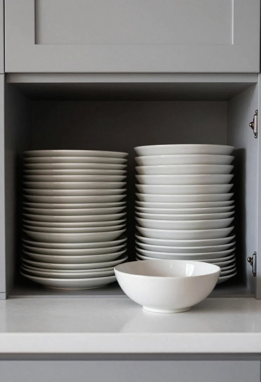 Upper kitchen cabinet with neatly stacked cream white porcelain plates and bowl