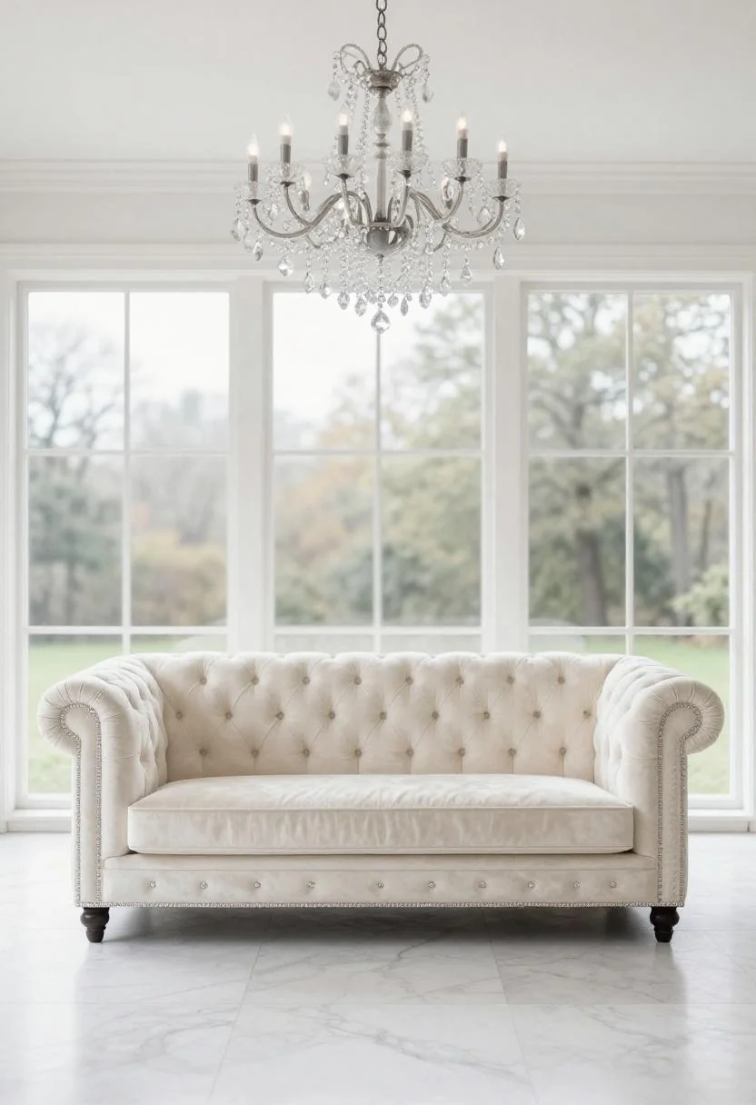 Cream white velvet sofa with rhinestone trim beneath a crystal chandelier on gleaming marble floors
