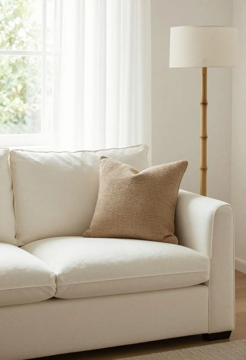 Cream white cotton sofa with a jute pillow and bamboo floor lamp in minimalist tropical styling