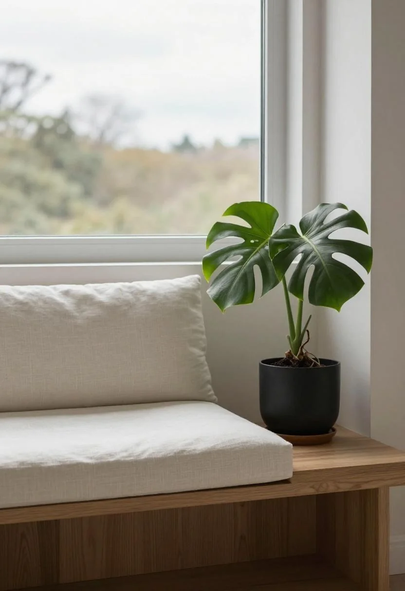 Clean cream white window seat looking out toward lush outdoor greenery, evoking the clarity of a well-drained and carefully tended yard