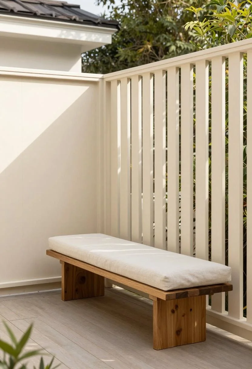 Cream-painted pine trellis screen on a modern deck with a walnut bench positioned in morning light