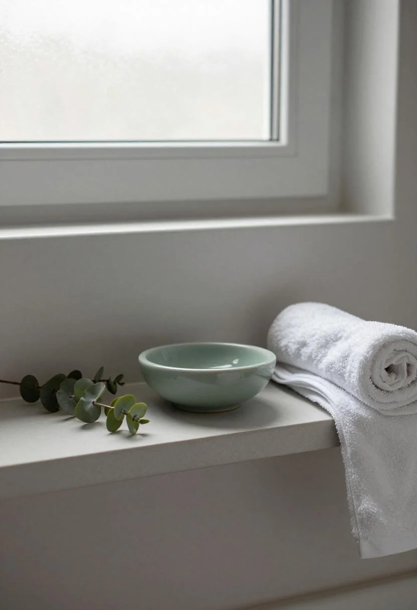 Minimalist bathroom shelf with a sage green ceramic soap dish and eucalyptus sprig