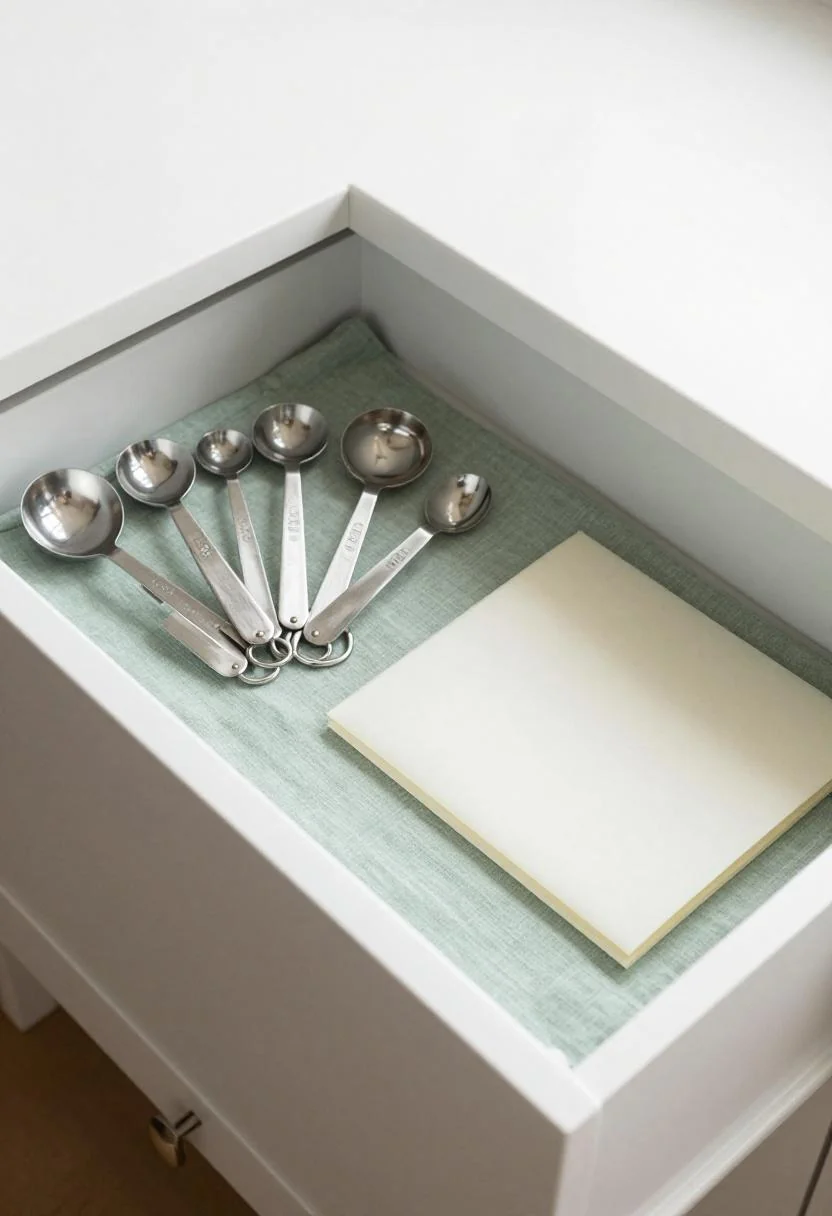 Kitchen island drawer with a sage green linen liner and organized measuring spoons