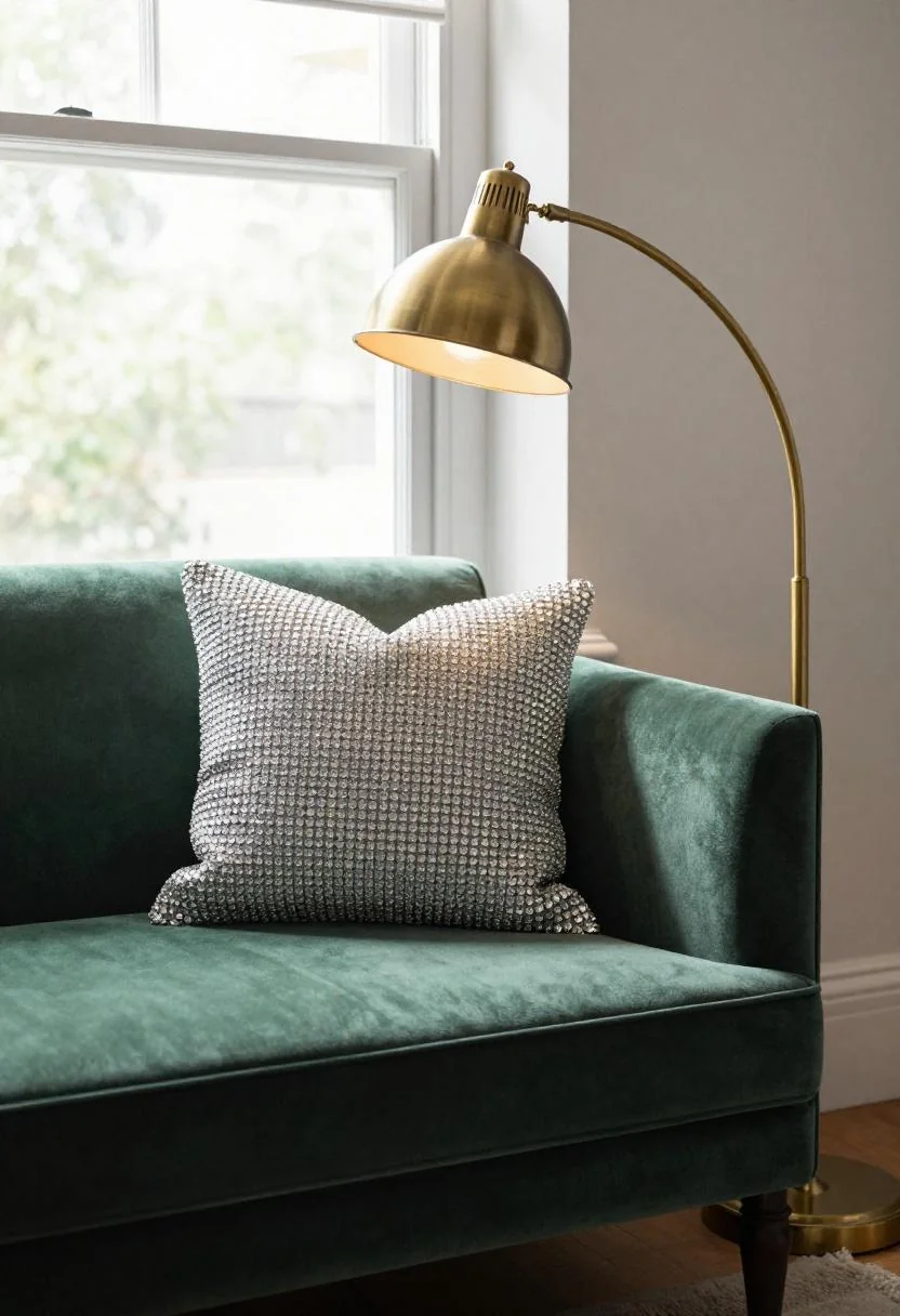 Sage green velvet window seat with a crystal-studded pillow and brass arc lamp in morning light