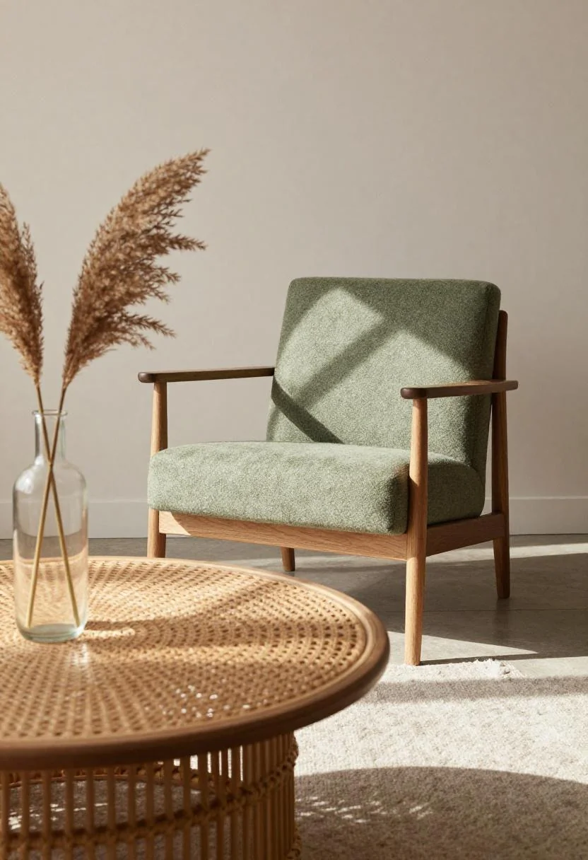 Teak armchair with sage green cushion and pampas grass centerpiece in Scandinavian-tropical styling