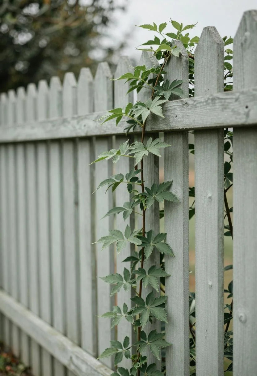 Reclaimed pine trellis covered in sage green foliage against a cottage garden fence