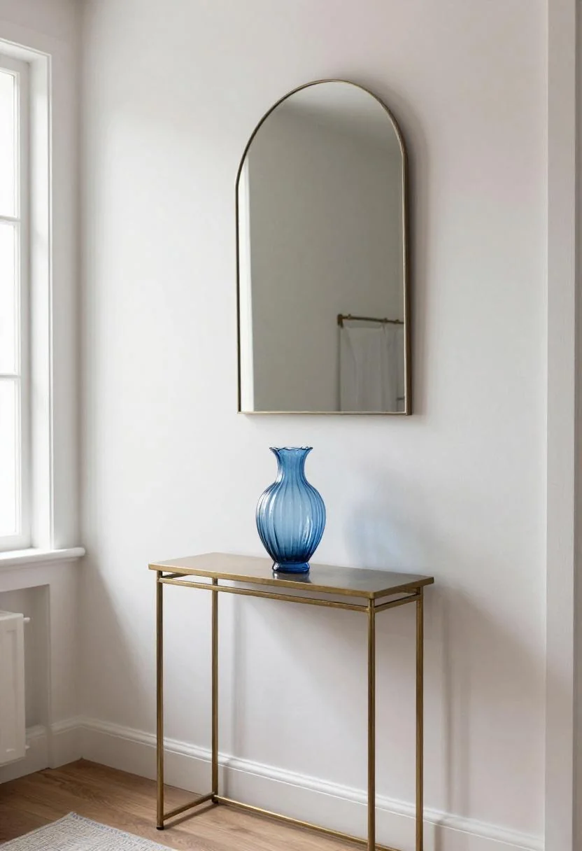 Neo Deco entryway with a cool blue fluted glass vase on a brass console table beneath an arched mirror