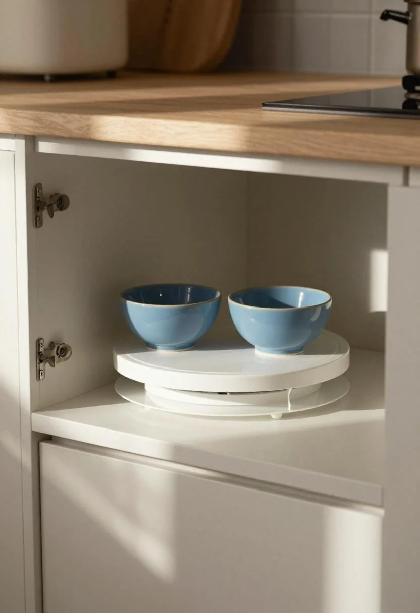 Corner cabinet lazy Susan with cool blue ceramic mixing bowls