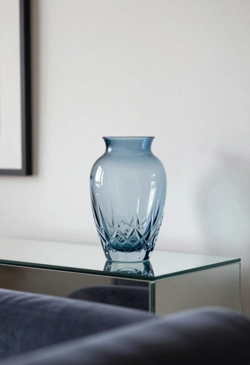 Cool blue crystal vase on a mirrored console table with a velvet sofa edge softly blurred in the foreground