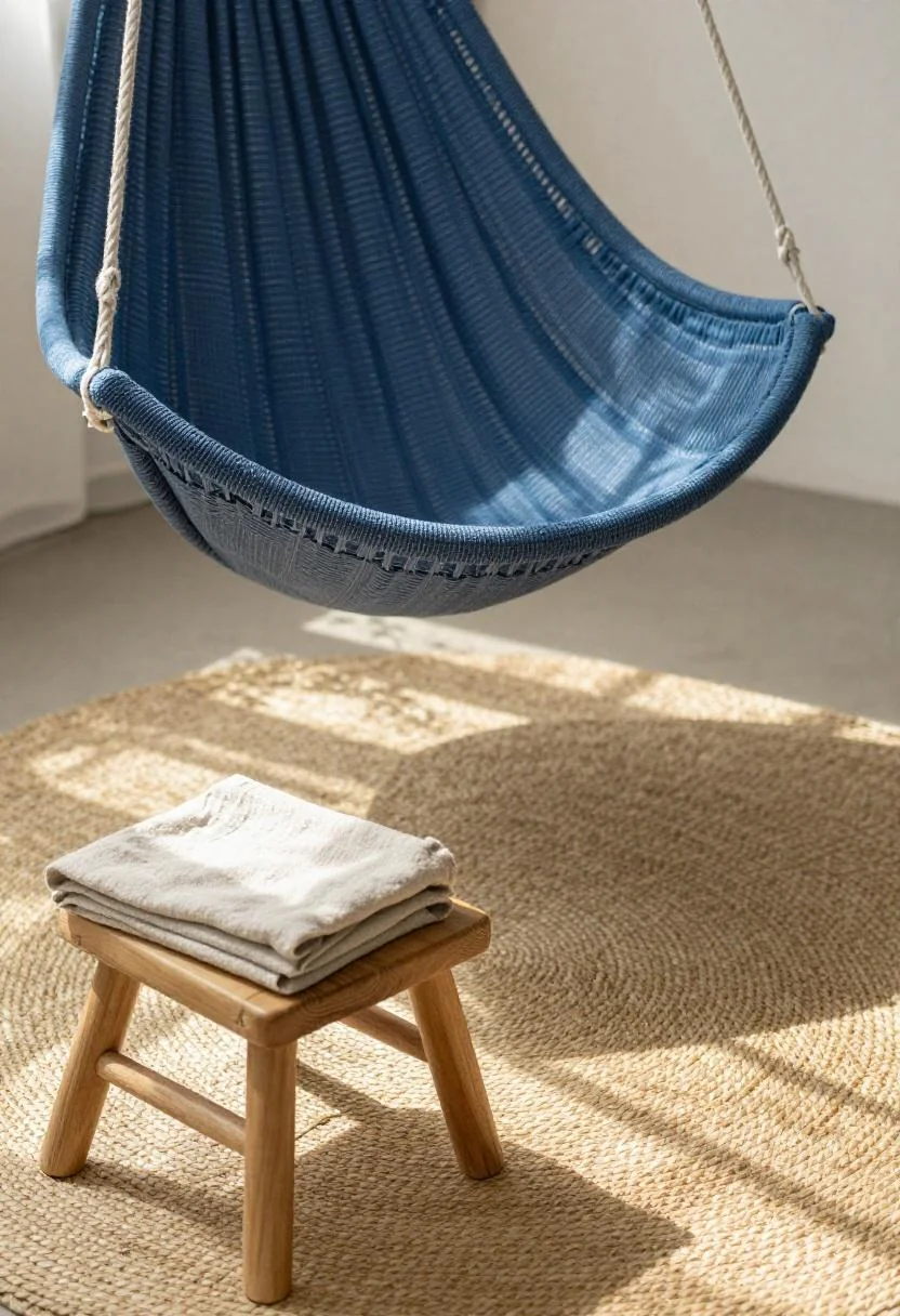 Cool blue cotton hammock chair overhead view with a teak stool and seagrass mat below