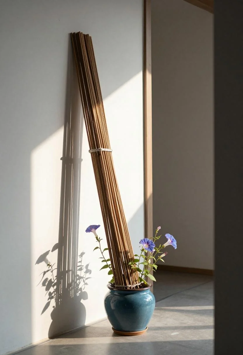 Overhead balcony view looking down at a cedar trellis and cool blue planter with morning glory vines climbing upward