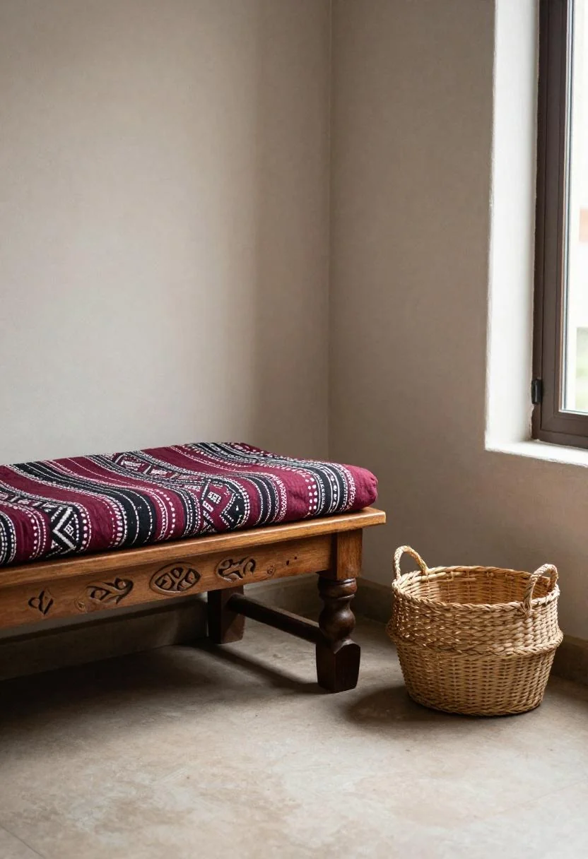 Afrohemian corner with a plum noir mudcloth cushion on a carved mahogany bench