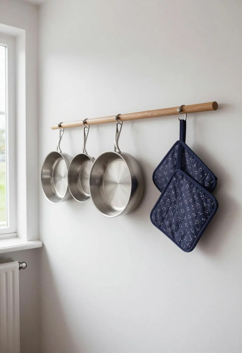 Wall-mounted oak pot rail with stainless steel pans and plum noir cotton pot holders