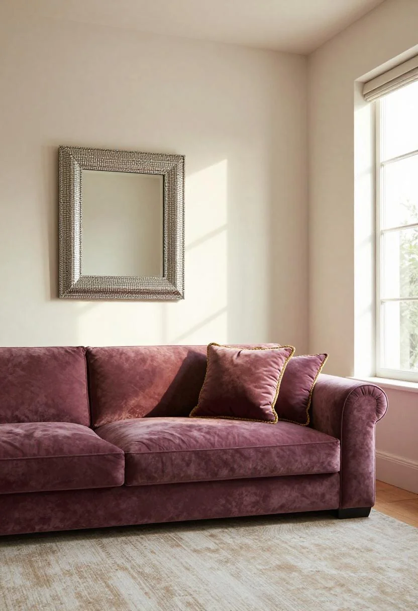 Plum velvet sectional with gold-thread cushions beneath a rhinestone-framed mirror in golden hour light