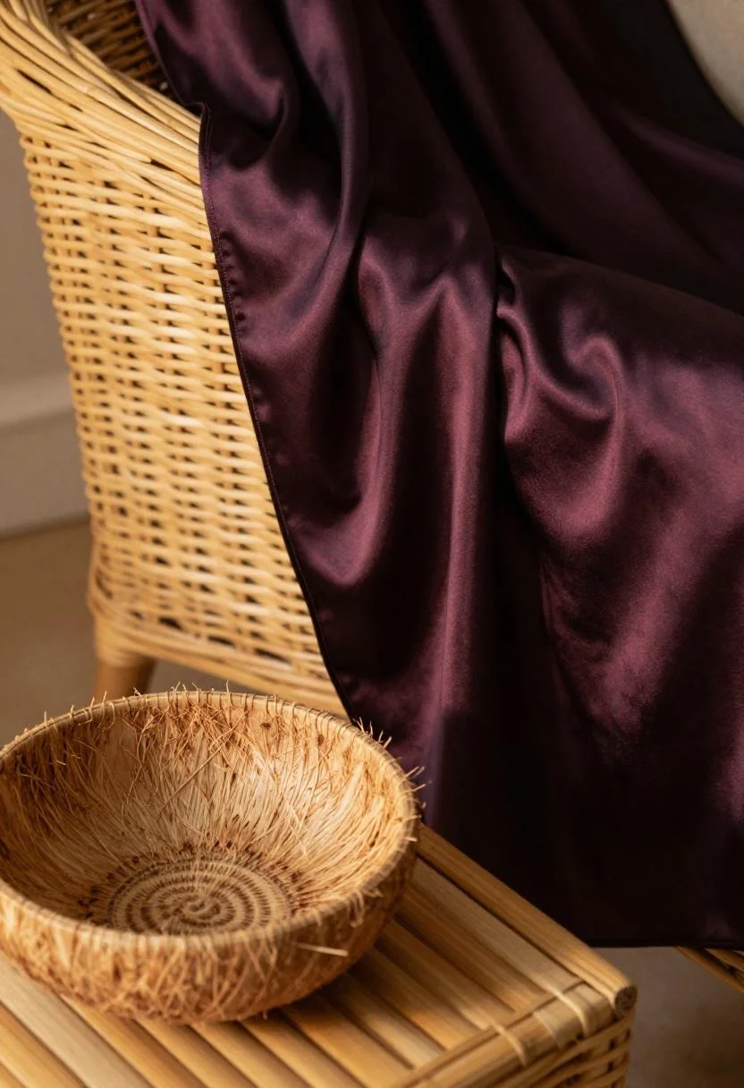 Plum noir silk throw over a wicker sofa with a coconut shell bowl in bohemian island styling