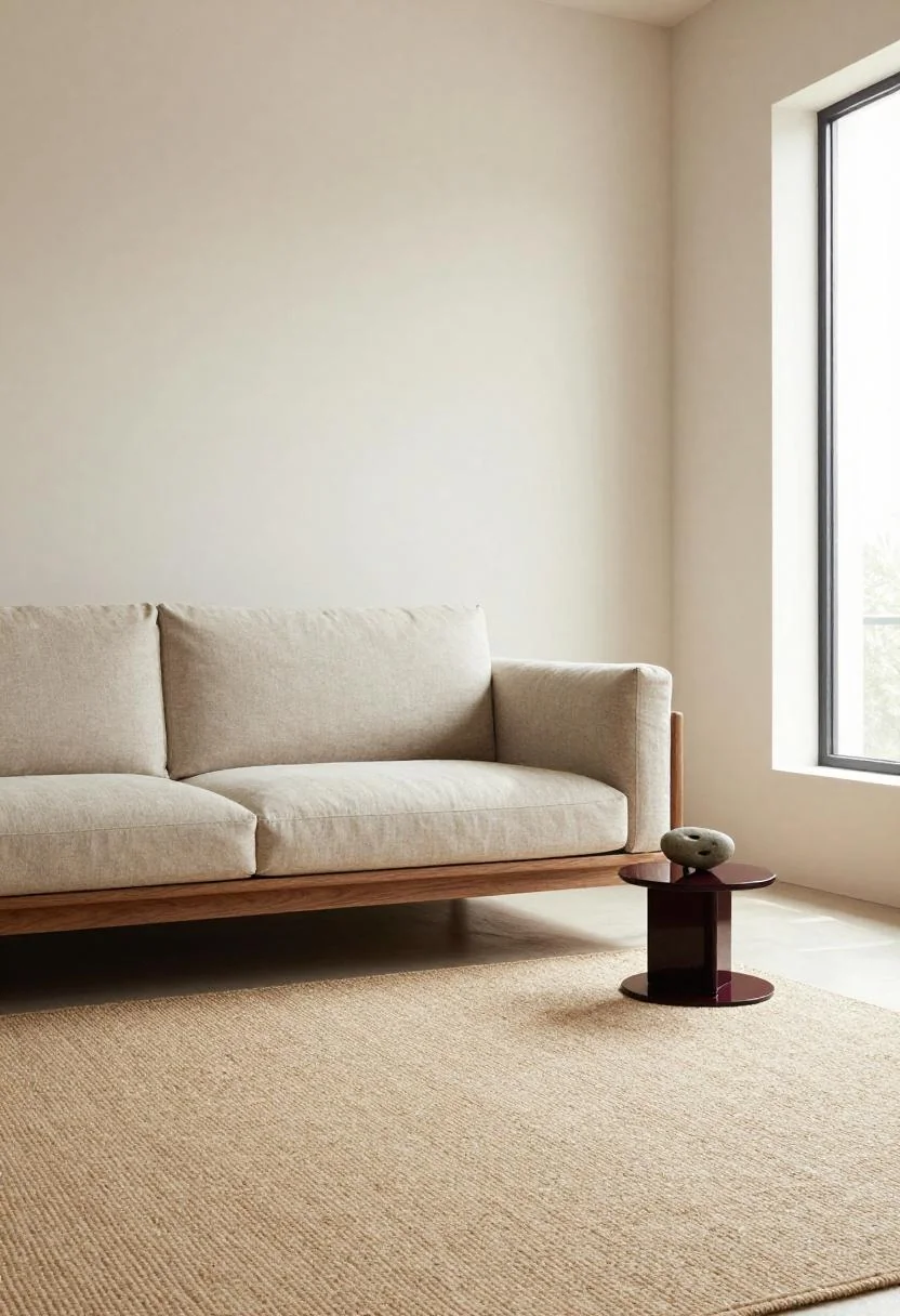 Dark grounded japandi-styled interior that echoes the natural stone and fine gravel used in permeable yard drainage beds