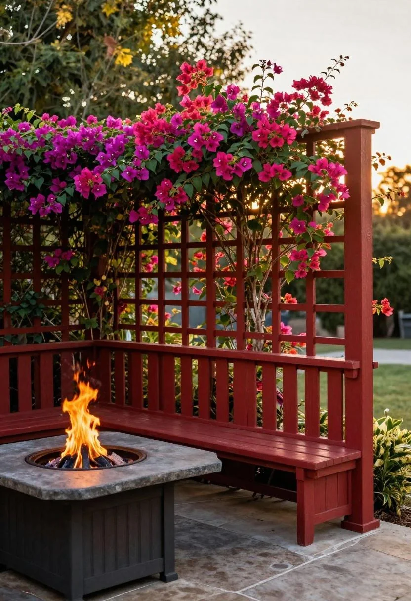 Redwood trellis screen draped with plum bougainvillea beside a fire pit patio at golden hour