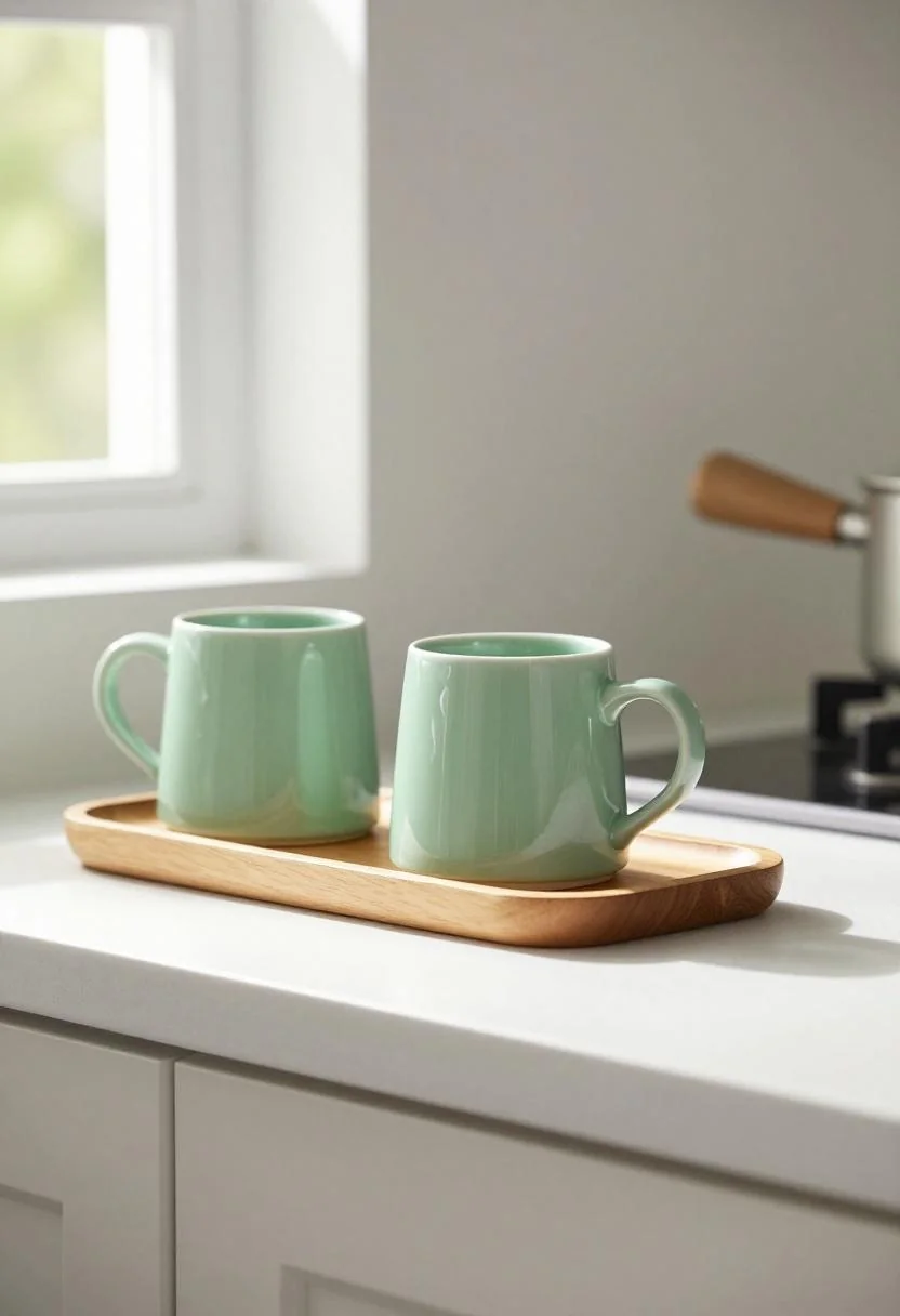 Counter breakfast station with a jade green ceramic mug rack and oak wood tray