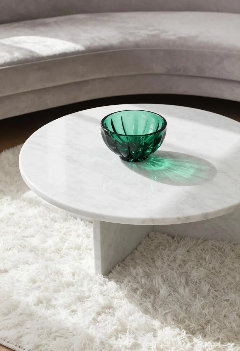 Overhead view of a jade green crystal bowl centered on a marble coffee table over a white wool rug