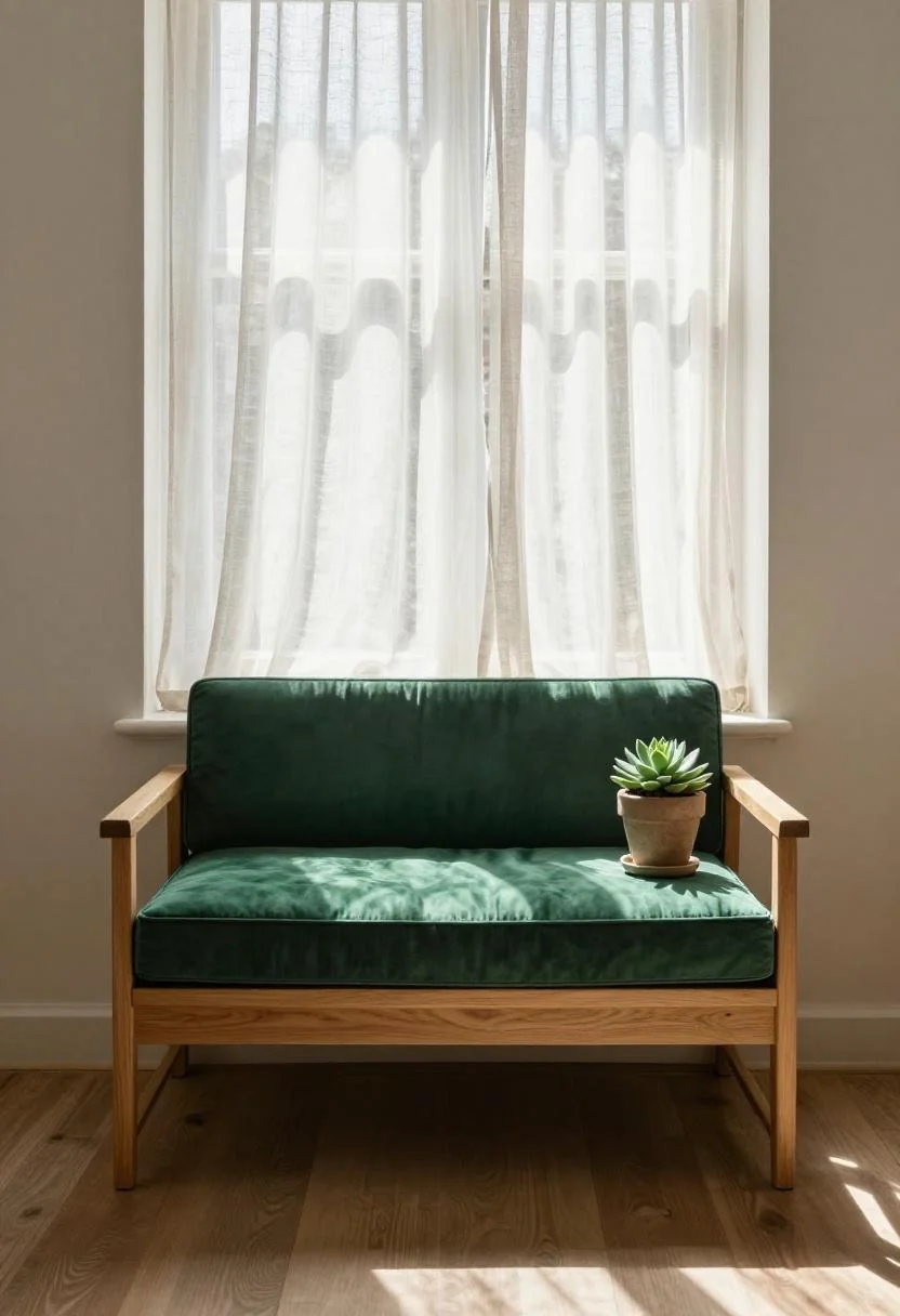 Jade green velvet window seat with a potted succulent bathed in morning light