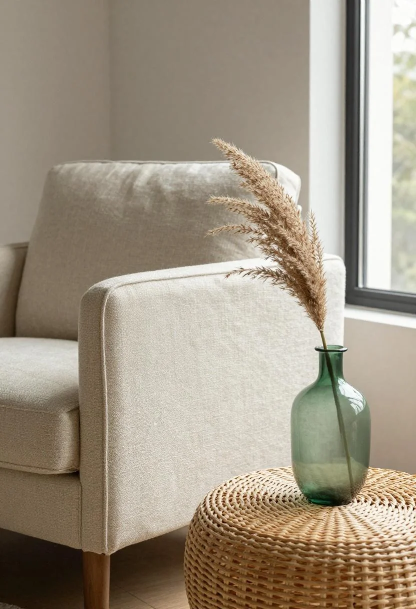 Organic bohemian interior textures echoing the reed and grass plantings used in bioswale drainage channels