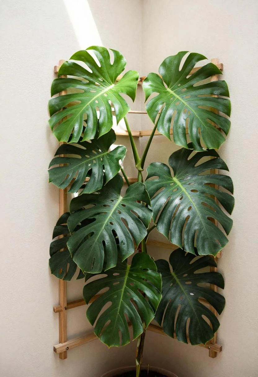 Cedar fan trellis mounted on a white stucco wall with jade-toned monstera leaves under tropical midday sun