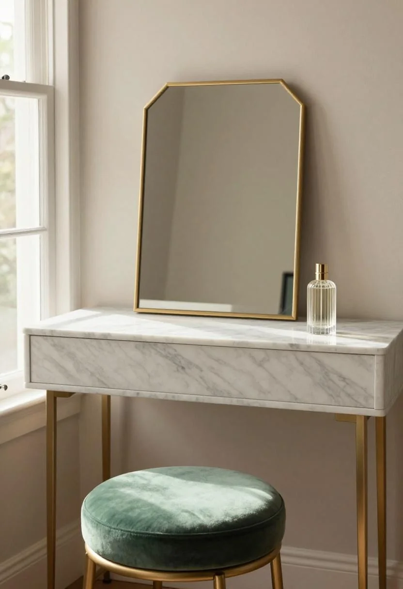 Neo Deco vanity with a wasabi green velvet stool and gold-framed geometric mirror