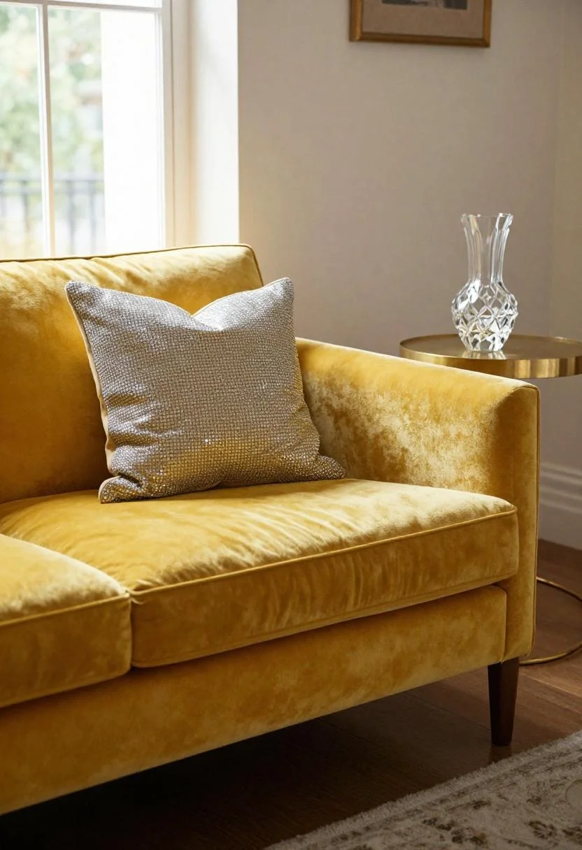 Wasabi yellow velvet mid-century sofa with a rhinestone pillow and crystal bud vase on a gold-leaf table
