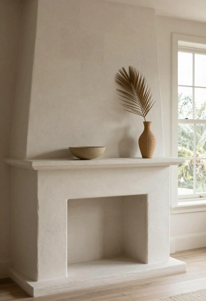 Whitewashed stone fireplace with a wasabi ceramic bowl and dried palm frond in tropical-minimalist style