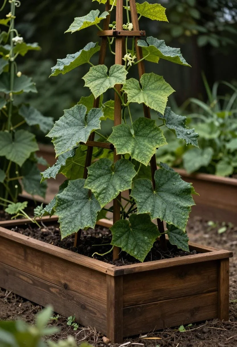 Pine A-frame trellis standing in a raised bed with wasabi-toned cucumber vines under soft overcast light