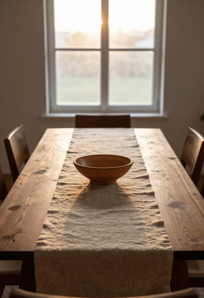 Afrohemian dining corner with a persimmon linen runner and hand-thrown clay bowl centerpiece