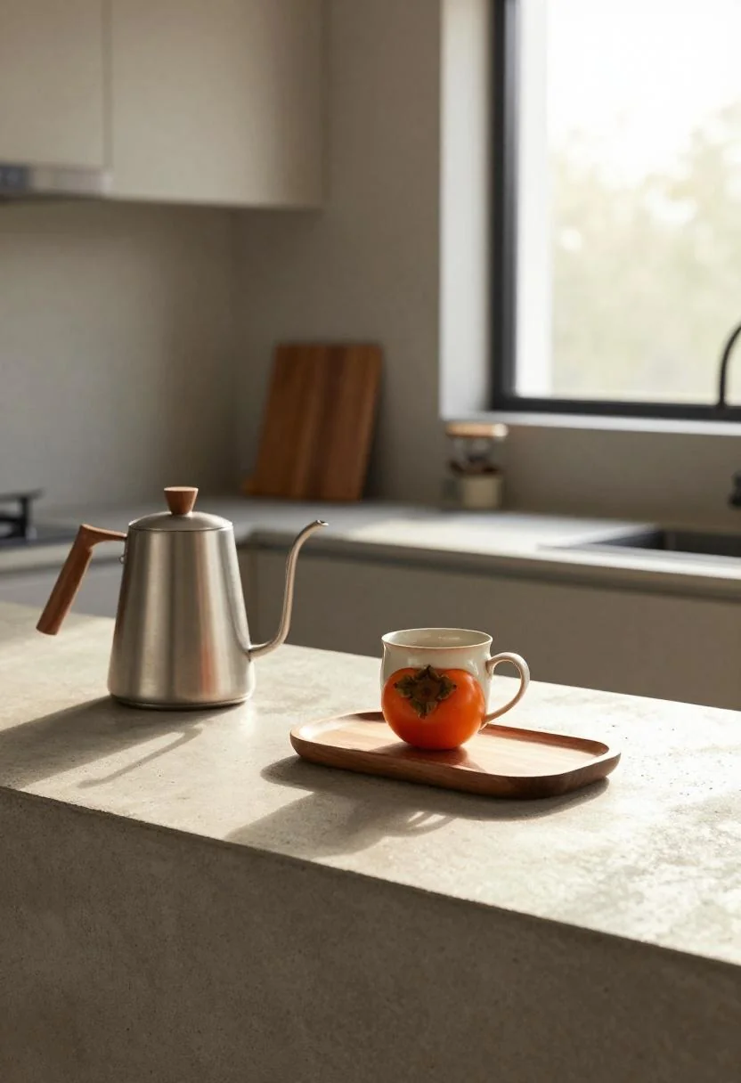 Kitchen coffee station with a persimmon ceramic mug and walnut serving tray