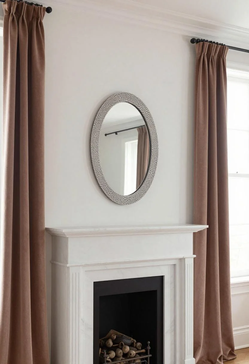 White marble fireplace with a rhinestone oval mirror framed by floor-length persimmon velvet curtains