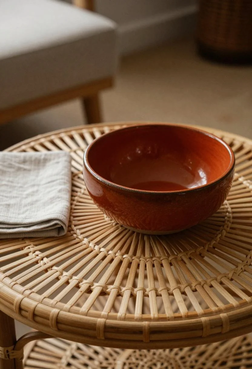 Persimmon stoneware bowl on a rattan coffee table styled with a folded linen napkin